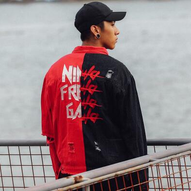 

Korea Autumn Street Brand Men Denim Jacket Punk Style Retro Embroidery Red Black Outwear Frayed Broken Hole Hip hop Cowboy Coat, Black&red