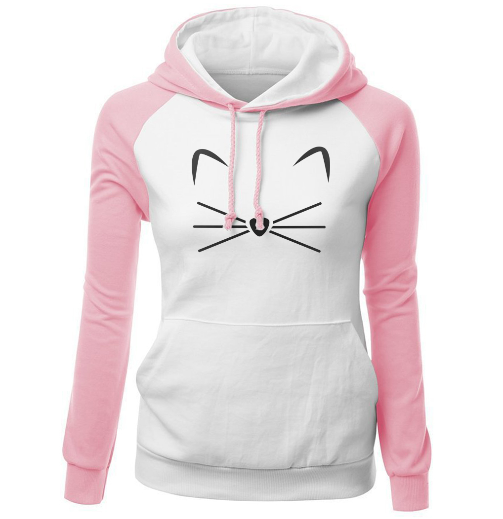 Kawaii Women's Hoodies 2018 Autumn Winter Raglan Sweatshirt For Female Cute Cat Print Pink Lady Sexy Fleece Hoody With Hat Kpop S18101006