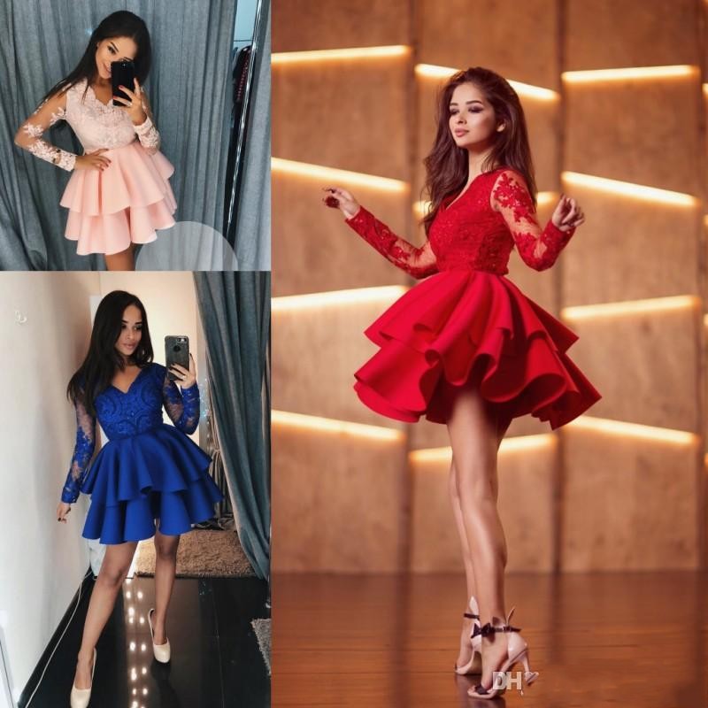 

Modern Red Short Party Prom Dress With Long Sleeves Pink Royal Blue V neck Lace Applique Beaded Homecoming Dress Cheap Satin, Black