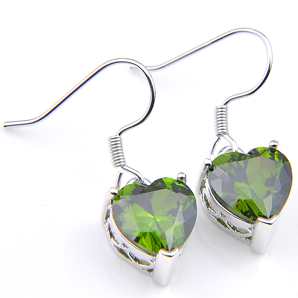 10 Prs Luckyshine classique éblouissant feu coeur mystique olive péridot cubique zircone pierres précieuses argent boucles d'oreilles pendantes p