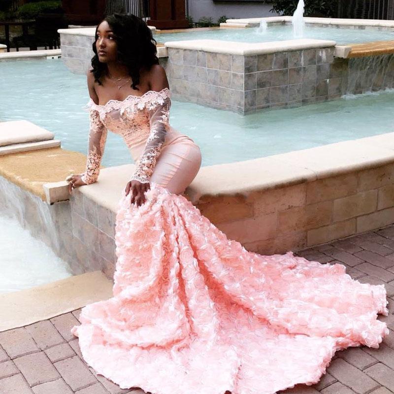 

Gorgeous Pink Mermaid Prom Dresses Lace Off Shoulder Long Sleeves Evening Gowns Ruched Flower Long Train South African Formal Party Dress, White
