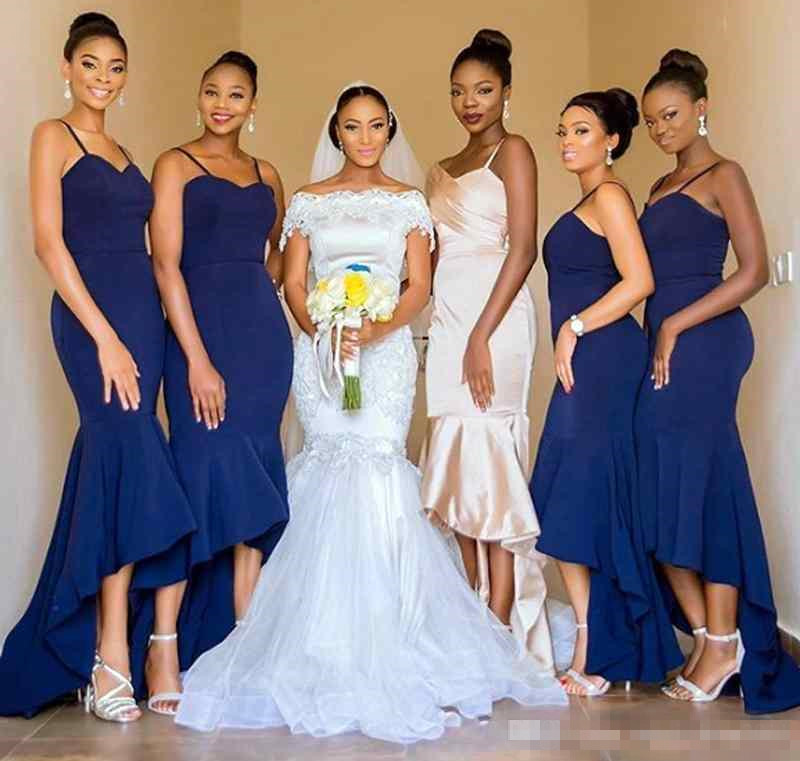

Navy Blue High Low Mermaid Bridesmaid Dresses 2020 Spaghetti Sweetheart Neckline Formal Maid Of Honor Wedding Guest Party Gowns