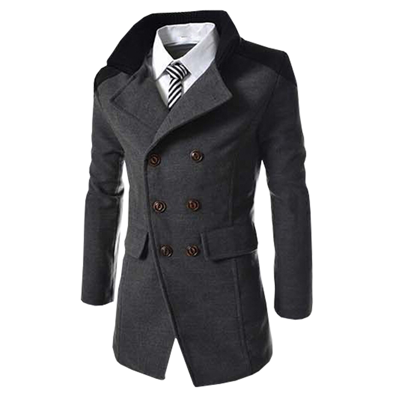 

Men's Wool & Blends Sale Autumn Long Coat Men Fashion Turn-down Collar Blend Double Breasted Pea Jacket Overcoats, Black