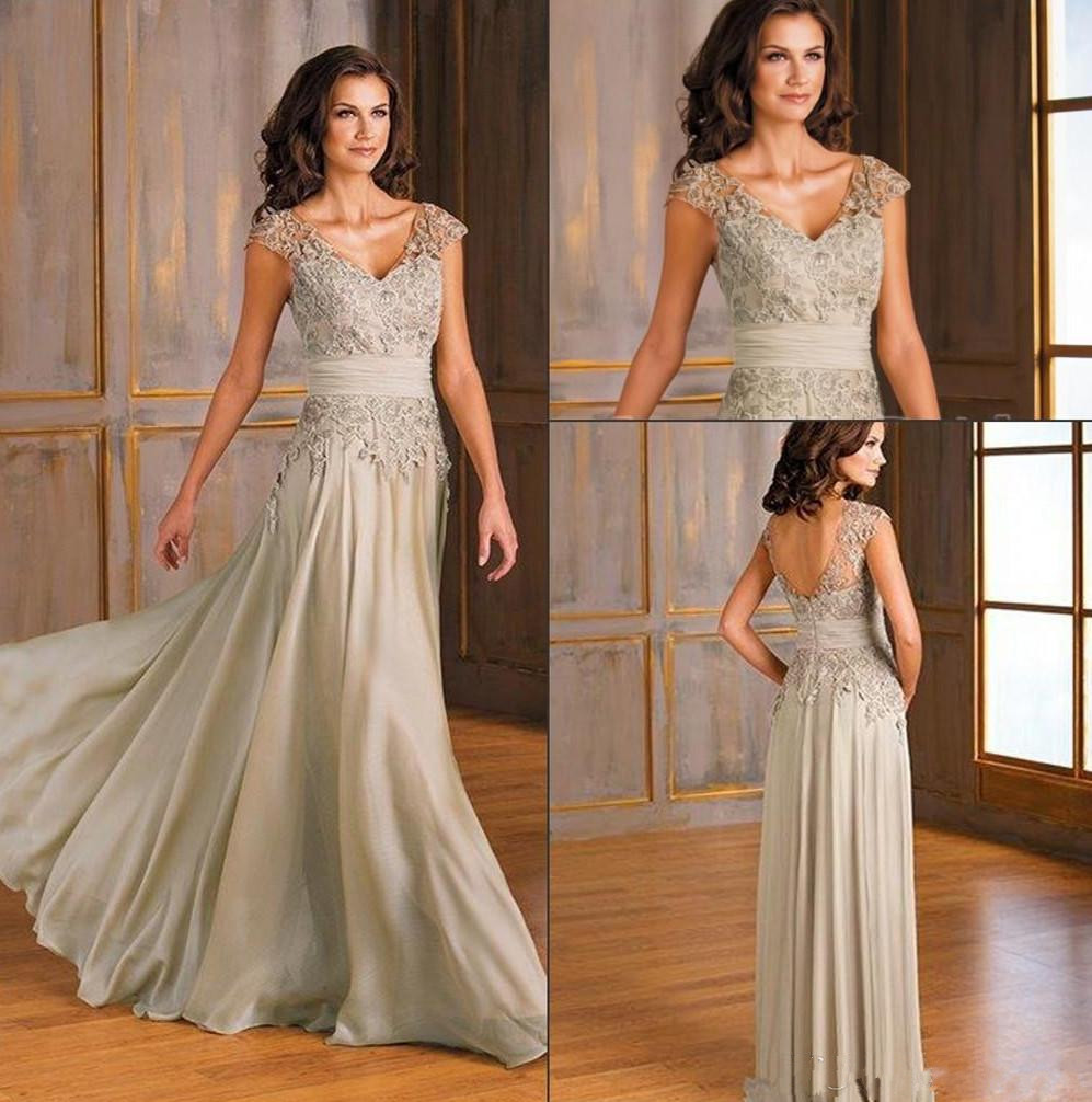 

Vintage Chiffon A-Line Mother Of the Bride Dresses Sexy V-neck Applique Lace Mother Party Gowns Custom Made