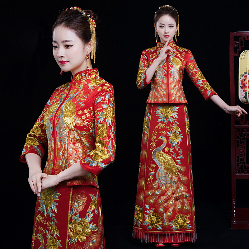 

Red Embroidered peacock peony Cheongsam ethnic wedding dress clothing Chinese Women Vestido Oriental long Qipao ancient Noble Party Show