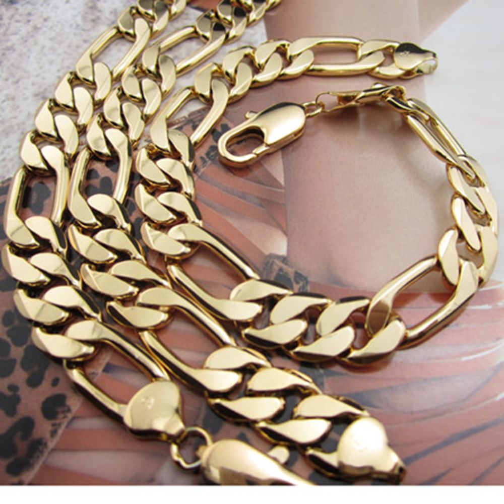 Mens Necklace Bracelet Set Chain Heavy Solid 18k Yellow Gold Filled 12mm Figaro Link Chain Mens Jewelry Set (23.6",8.6")-image-412335176
