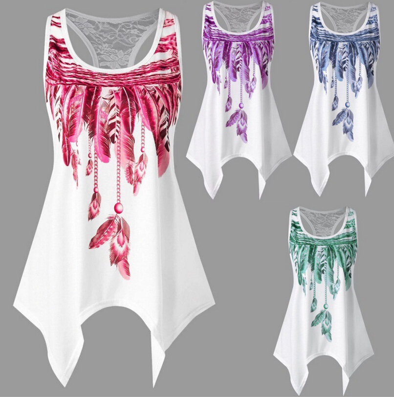 

Women Summer Tank Tops Lace Feather Print Fashion Tees Top for Female Leisure Vest Tops, Red