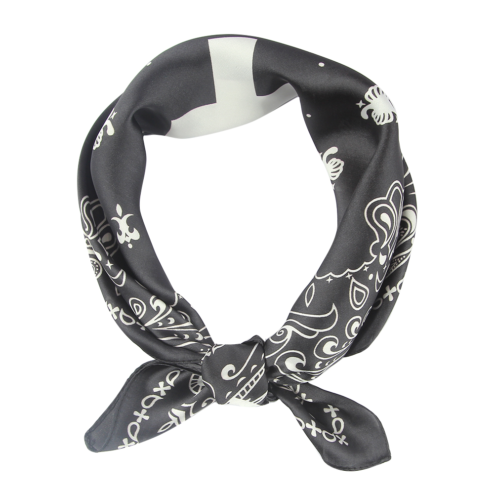 Winfox Elegant Style 60*60cm Flower Printed Black Square Satin Silk Scarves Bandana Chiffon Head Wraps Hijab Scarf For Women