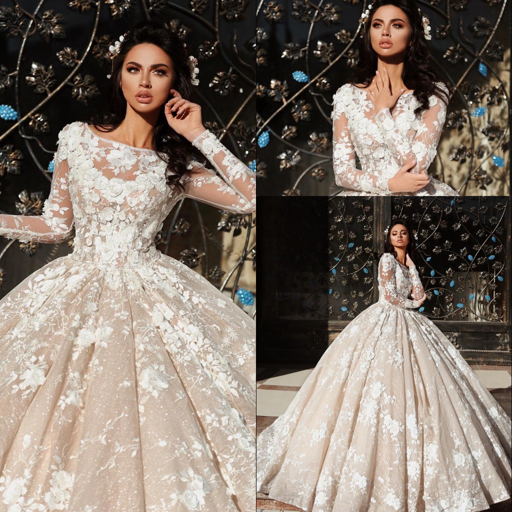 

Gorgeous Long Sleeve Church Ball Gowns Wedding Dresses 2018 New Sheer Jewel Neck with 3D-Floral Flowers Lace Appliques Bridal Gowns Custom, White