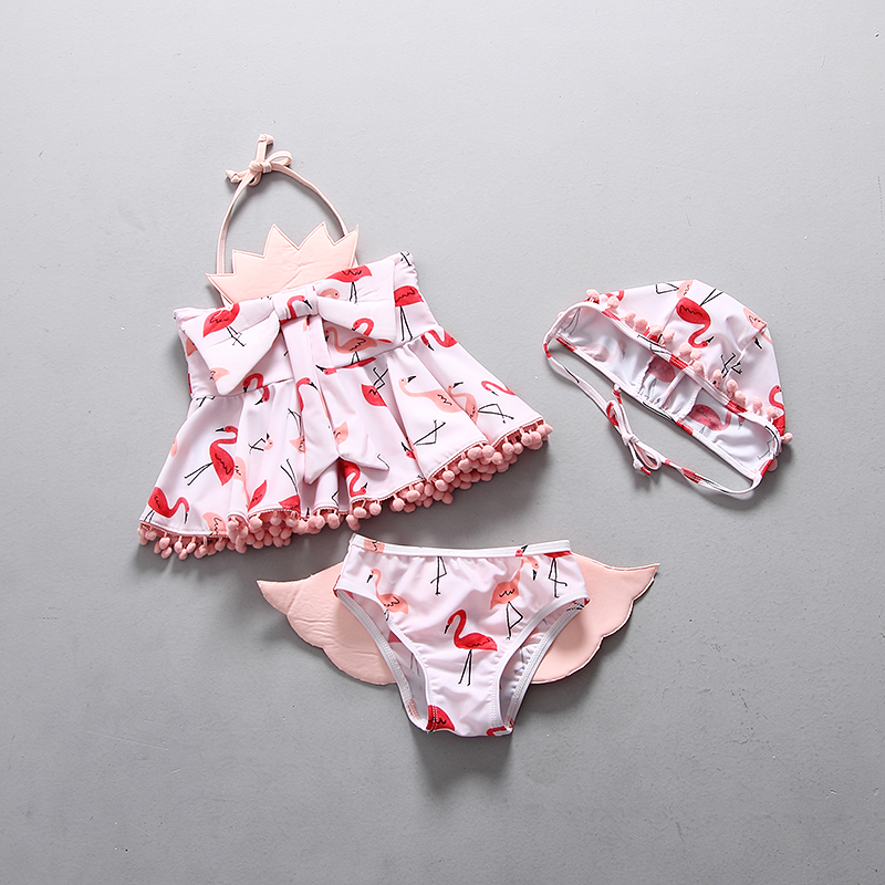 

2018 Baby Girls 3 pcs Swimming Sets Cartoon Flamingo Swimwear Suits Girl Sun Bathing Swimwear Sets Tops Underpant Shorts With Hat, As photo