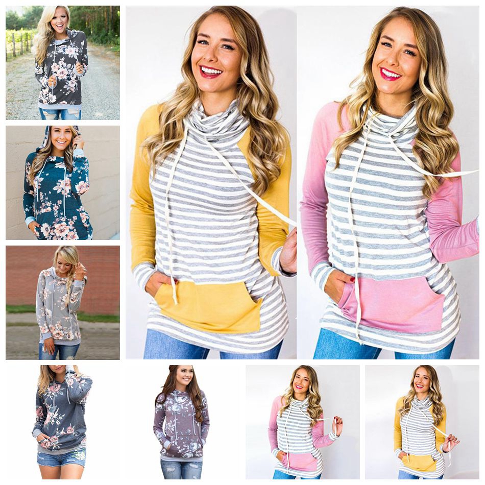 Floral Imprimé Hoodies À Manches Longues Poche De Cordon Tops Femmes Sweat À Capuche En Plein Air Jumper Lâche Pulls OOA4719