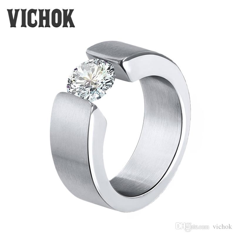 

Simple Shiny Bling Zircon Ring 316L Stainless Steel Ring For Women Men bague Jewelry Engagement Fashion Jewelry Solitaire Ring VICHOK