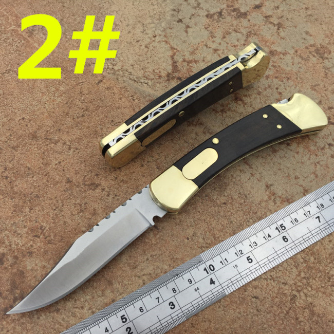 

High-end Bk 110 auto knife single action back serrated brass+wood handle hunting xmas gift knife 1pcs