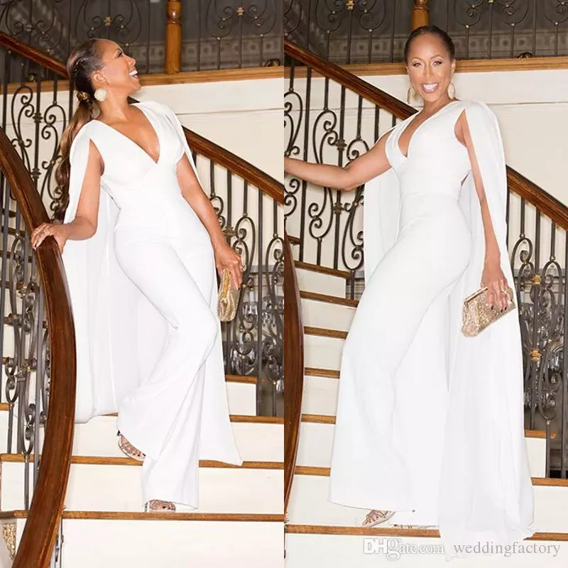 

Plus Size Evening Gowns White Ivory Pant Suits with Train Long Cape Wrap Shawl Evening Pants Outfits Sexy Deep V Neck Sleeveless Custom, Champagne