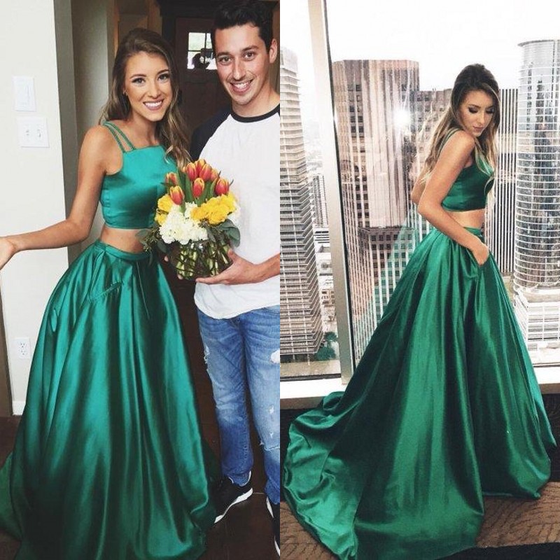 

2018 Model 2 Piece Evening Dresses Double Spaghetti Straps Crop Top Emerald Green Satin Two Piece Prom Dress with Pockets, Red