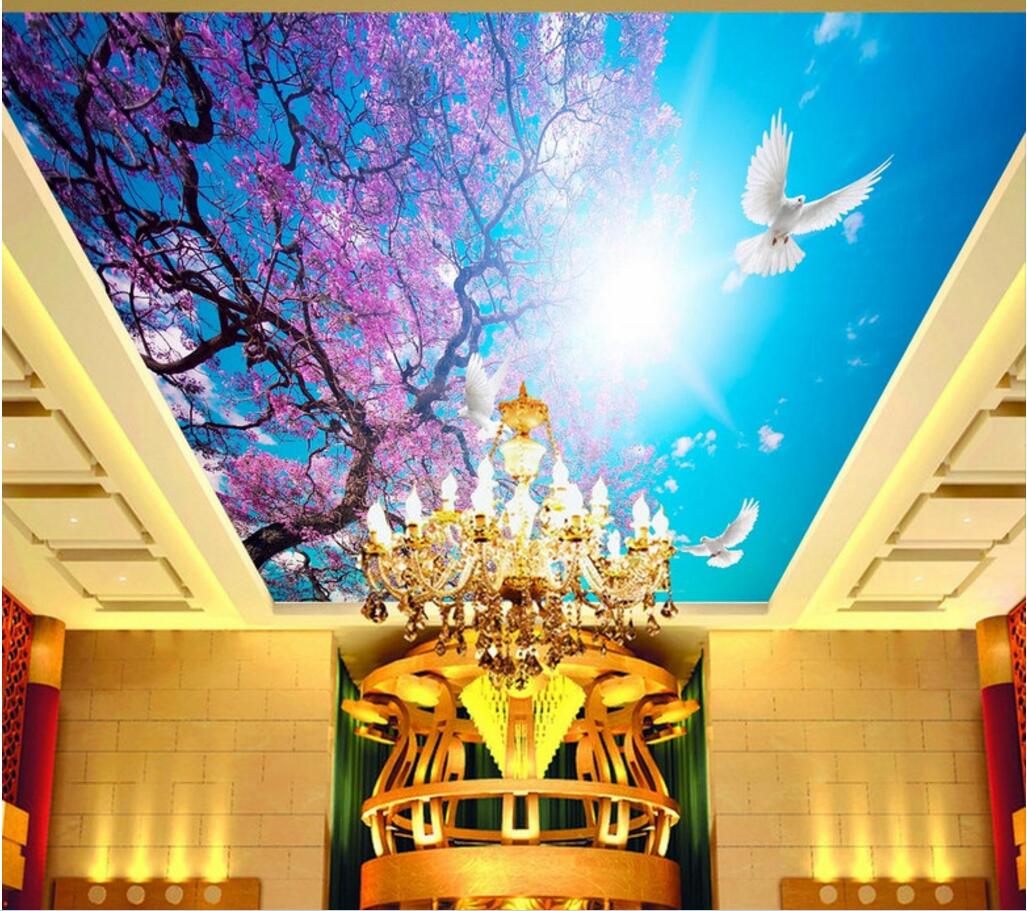 

3d wall murals wallpaper for walls 3 d ceiling murals wallpaper custom photo Cherry blossom blue sky white dove sunshine home decoration, Sky blue