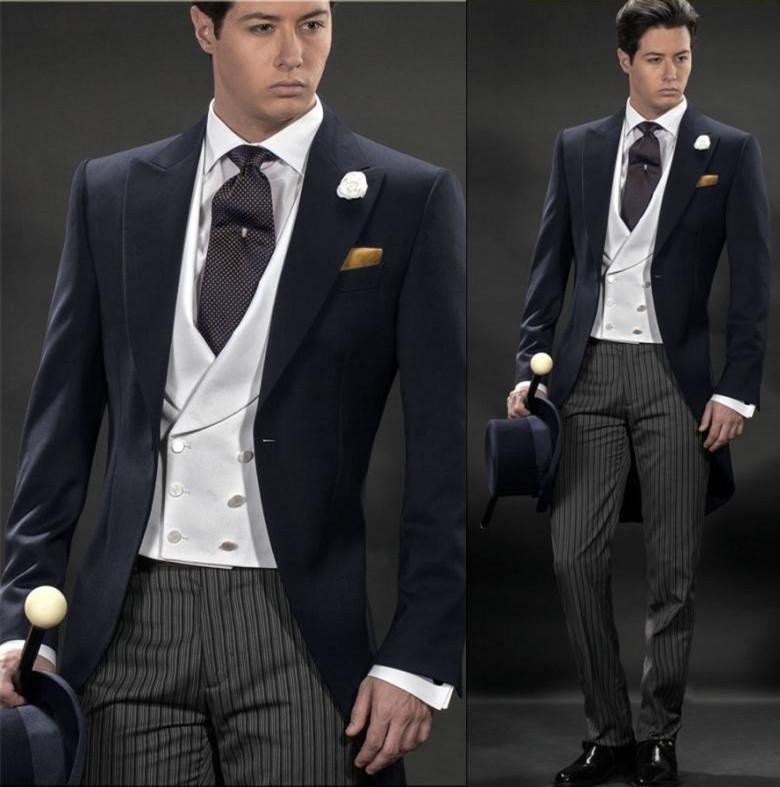 

Morning Style Navy Blue Tailcoat Groom Tuxedos Eiegant Men Wedding Wear High Quality Men Formal Prom Party Blazer(Jacket+Pants+Tie+Vest) 975, Same as image