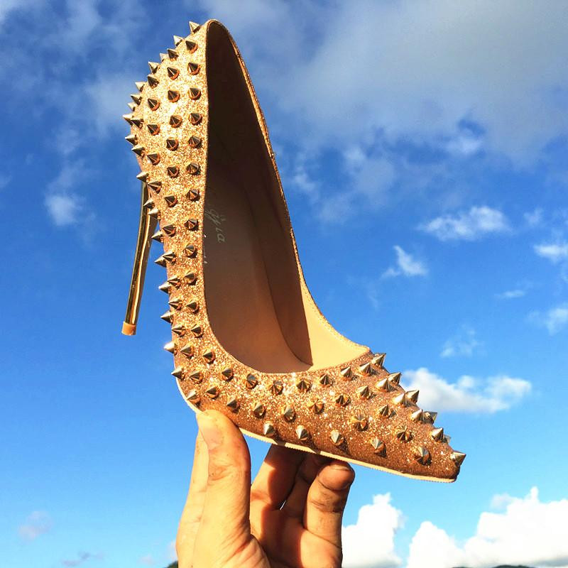 

fashion new woman women lady 2019 new gold spikes studded glitter wedding heels stiletto high heels shoes pumps boots sandals, Black