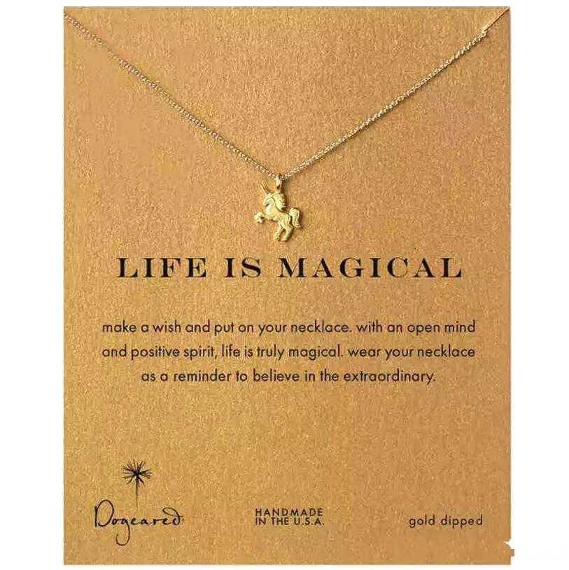 

With Card Unicorn Pegasus Life is Magical Pendant Dogeared Necklace Gold Silver Color Short Women Clavicle chain jewelry