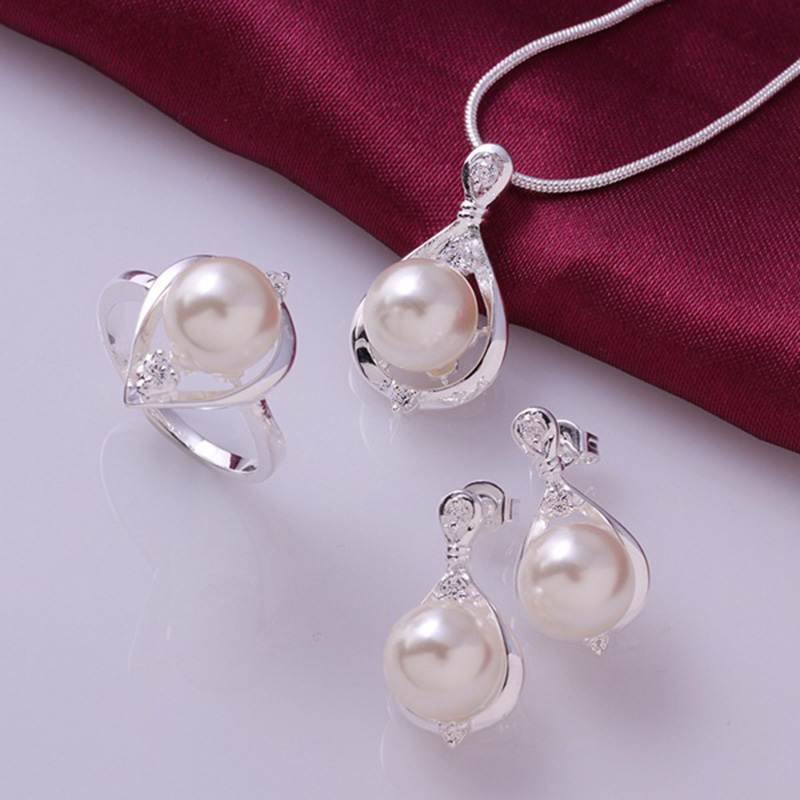

Fashion 925 Sterling Silver Set , New Arrival Solid Pearl Necklace Earring Ring for Women 18inch Chain jewelry Link Italy 2018 New Pericing