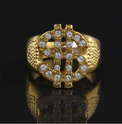 

UWIN Stainless Steel Gold Color Dollar Sign Ring Hip Hop Rock Punk Lced Out Bling Zircon Rhinestone Men Rings Fashion Jewelry
