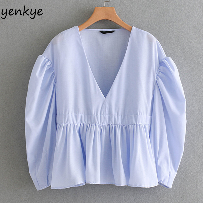 

Women Folded Ruffle Blouse Sexy V Neck Puff Sleeve Blue Shirt Peplum Summer Crop Top Blusas XNGC9206, As pic