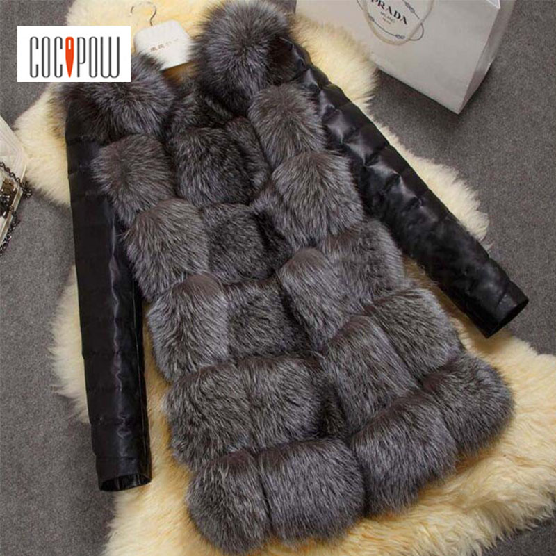 

Women Faux Fur Coat PU Sleeve Spliced Covered Button 2018 Female Fake Fur Warm Jacket Gilet Chalecos De Pelo Mujer -3L Size, As pic
