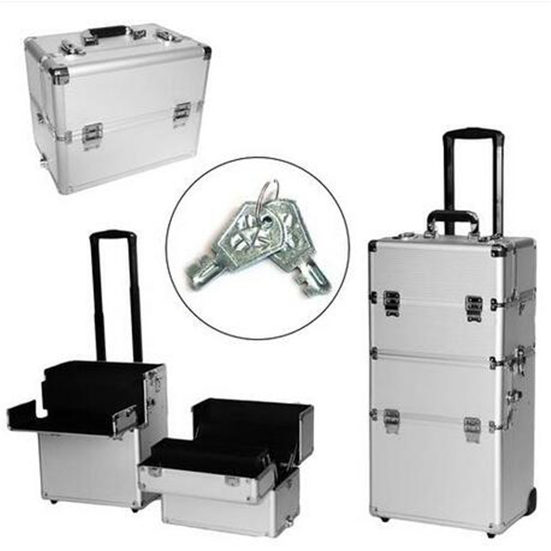 

2018 3-in-1 Aluminum Rolling Makeup Cosmetic Train Case Wheeled Box Silve bag r, Silver
