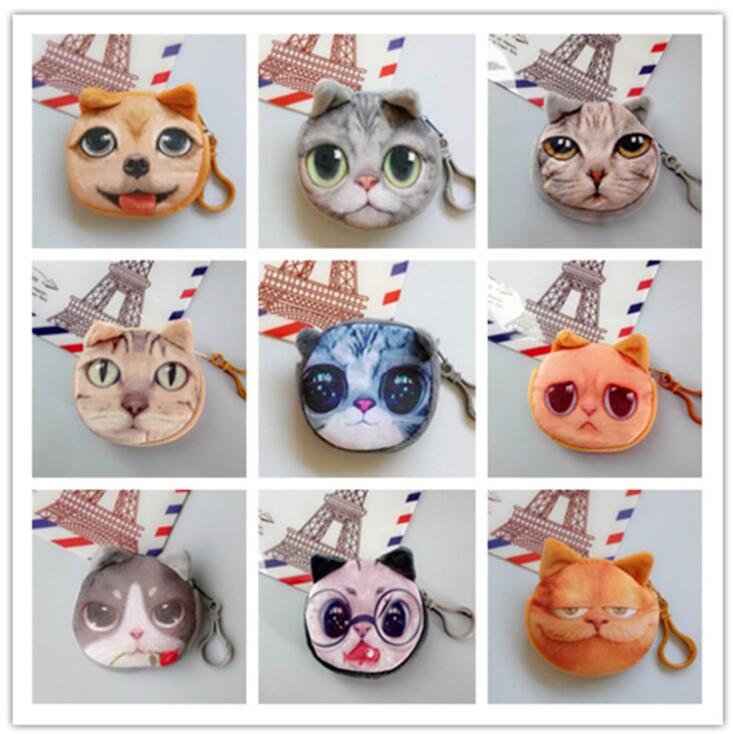 

3D Printing Cat Dog Face Bags Cartoon Handbag Plush MINI Coin Purses Wallets Zipper Key Headphone Holder Bags, Many colors
