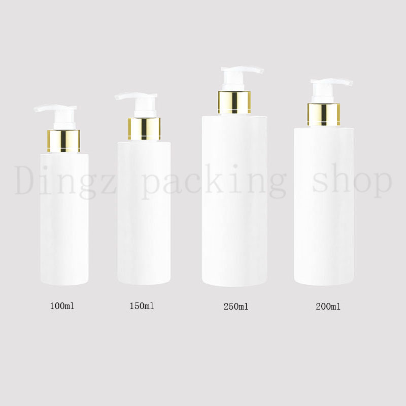 

30pcs 100/150/200/250ml travel white cosmetic lotion pump plastic bottles,empty cosmetic packaging gold collar pump,shampoo bottle pump