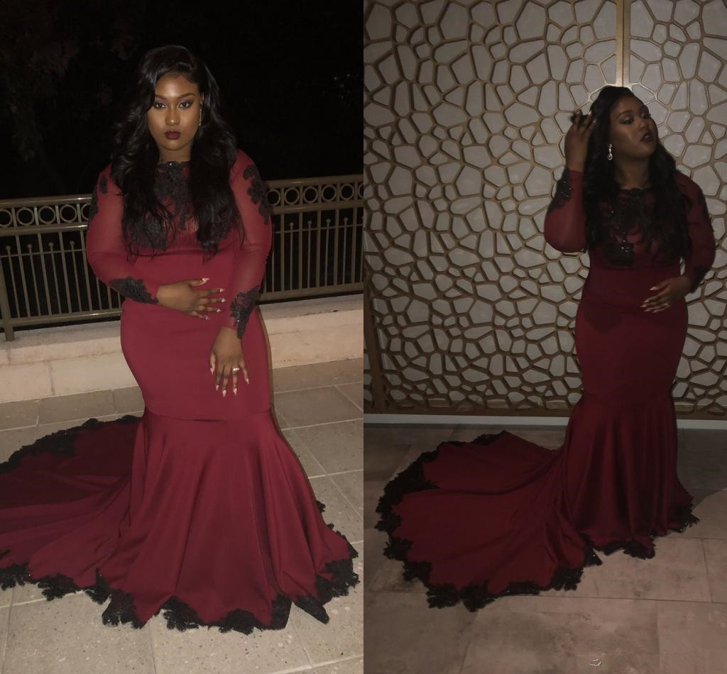 

2018 Glamorous Long Sleeves Prom Dresses With Black Appliques Lace Dress Evening Wear Sweep Train Plus Size Burgundy Black Girls Party Gowns, Gold