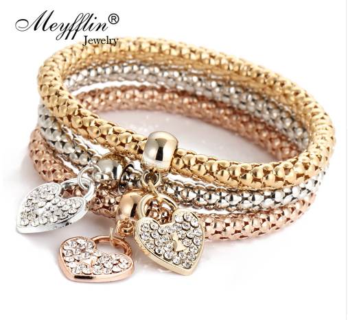 

3PCS Set Crystal Bracelets & Bangles Gold Wrap Charm Bracelets Femme for Women Men Fashion Jewelry Multilayer Bijoux
