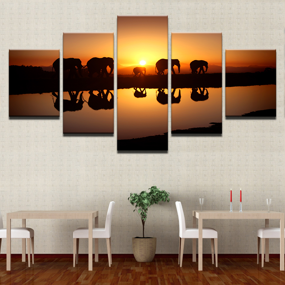 

Canvas Poster Home Decor Living Room Wall Art Prints 5 Piece Elephants Sunset Landscape Paintings Animal Lake Pictures Framework