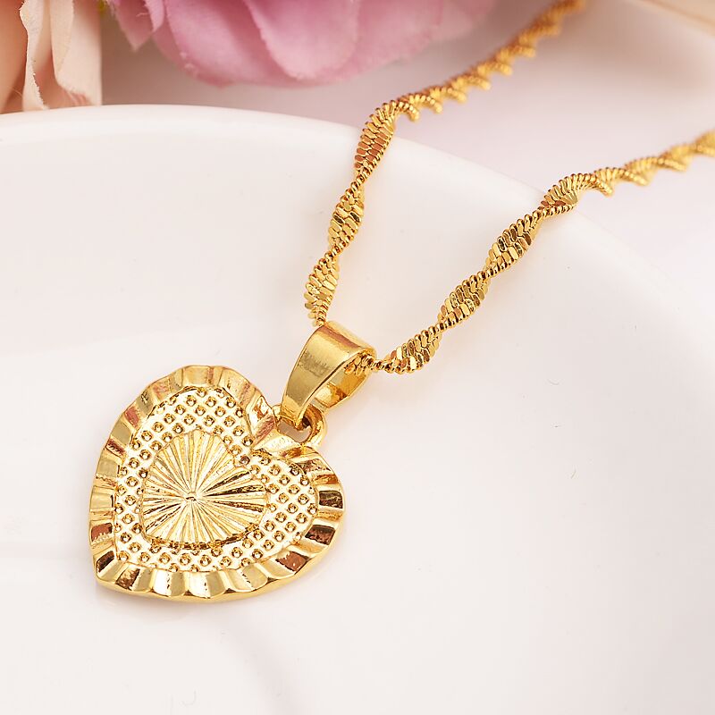 

Heart Pendant Jewelry sets Classical Necklaces Earrings Set Yellow Solid Fine Gold Filled Brass Wedding Bride's Dowry women girls gif, Golden