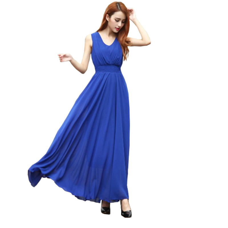 

Summer 2020 Bohemian Womens Dress Long Solid Dress Slim Sleeveless Beach Dress For Female V-Neck 6 Color Cute Style, Black;gray