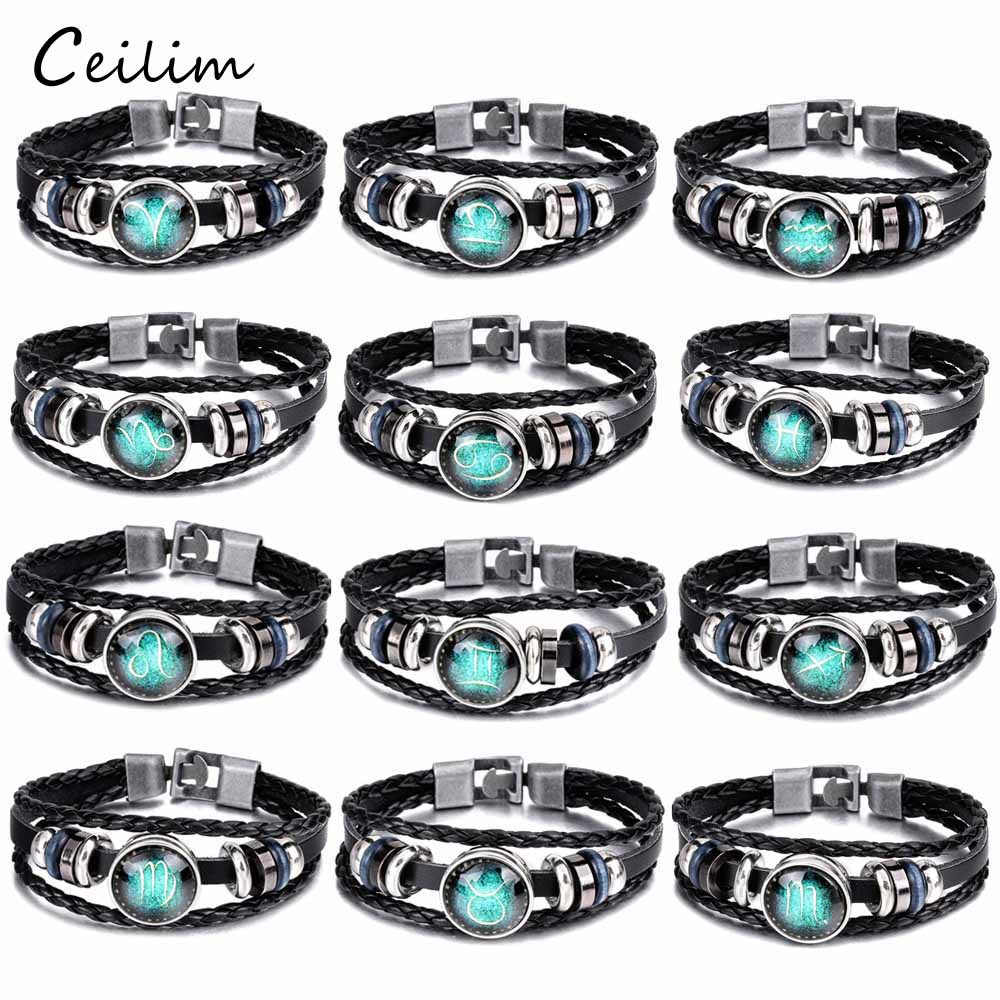 

12 Constellation Bracelet 2018 New Fashion Jewelry Braided Leather Bracelet & Bangles Men Casual Personality Zodiac Signs Wholesale Dropship