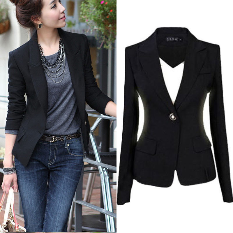NEW Blaizers Women Slim One Button Short Blazer Suit Long Sleeve BLACK 2016 L18101301
