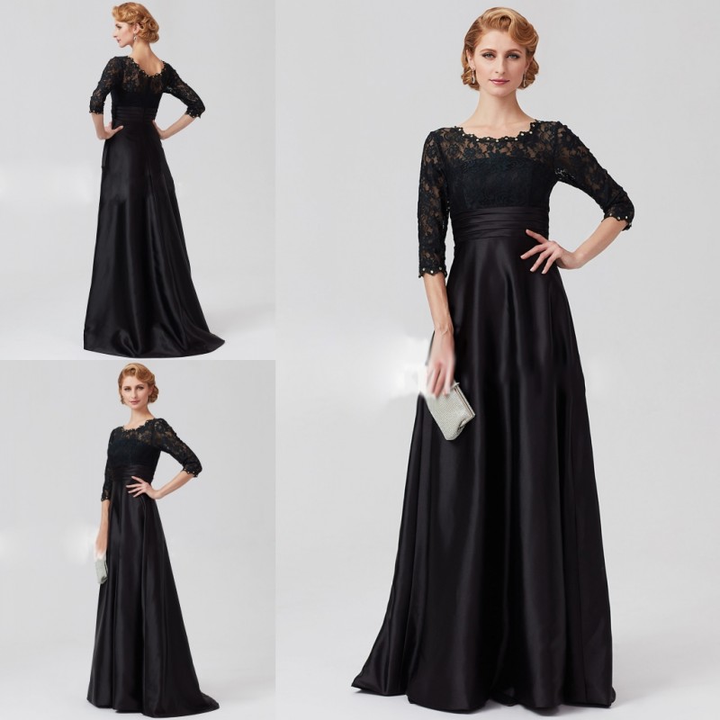 

Black Mother Of The Bride Dresses 3/4 Long Sleeve Satin Lace Applique Beaded Jewel Neck Plus Size Mother Of The Groom Gowns