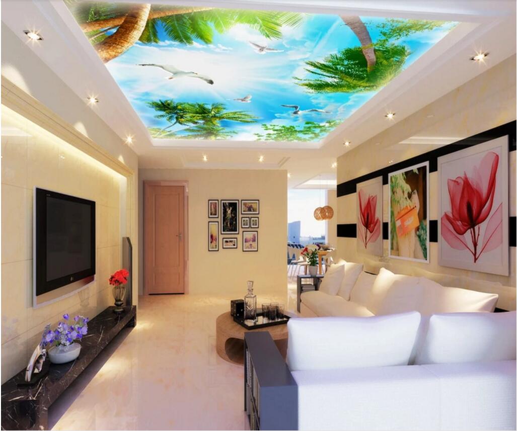 

3d ceiling murals wallpaper custom photo Maldives seaside sky coconut tree landscape Home decoration background wallpaper for walls 3 d, Blue