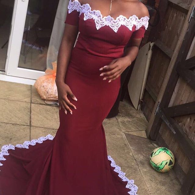

Dark Red Mermaid Prom Dresses Cheap Lace Applique Off Shoulder Short Sleeve 2018 Prom Dress Charming Sweep Train Satin Evening Dresses, Chocolate