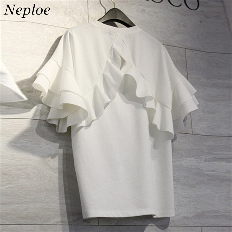 

Neploe Solid Short Butterfly Sleeve Women Tops Ruffles O-neck Loose Female T Shirt New Fashion Casual Patchwork T-shirts 67756, 67756 white t-shirt