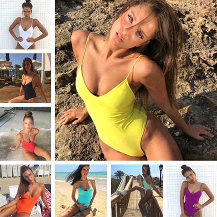 

Solid One Piece Swimsuit Bathing Suit Women Sexy Strap Deep-V Swimwear Halter Beachwear Bikini Factory Wholesale, White;black