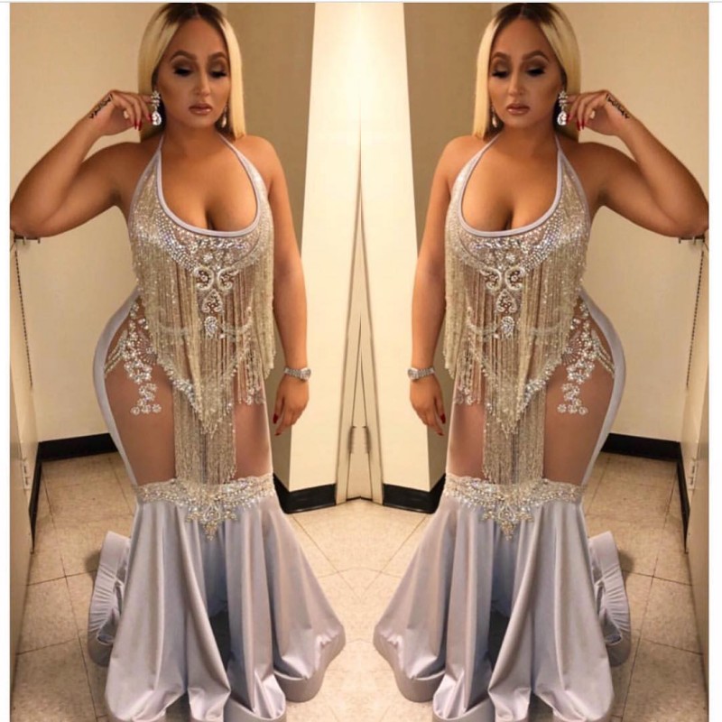 

Gorgeous Tassel Mermaid Prom Dresses Open Halter Neck Sequin Beads Applique Sweep Train Party Dress Sexy Front See Through 2K18 Prom Dress, Gold