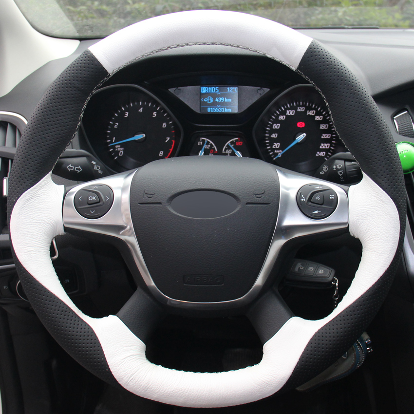 Couverture de volant de voiture cousue à la main en cuir véritable noir blanc pour Ford Focus 3 2012-2014 KUGA Escape 2013-2016