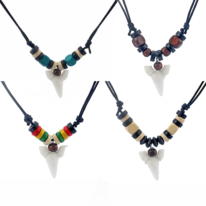 

5pcs White Resin Shark Tooth/Teeth Pendant Necklace Waxed Cotton Cord Adjustable Surf Necklace