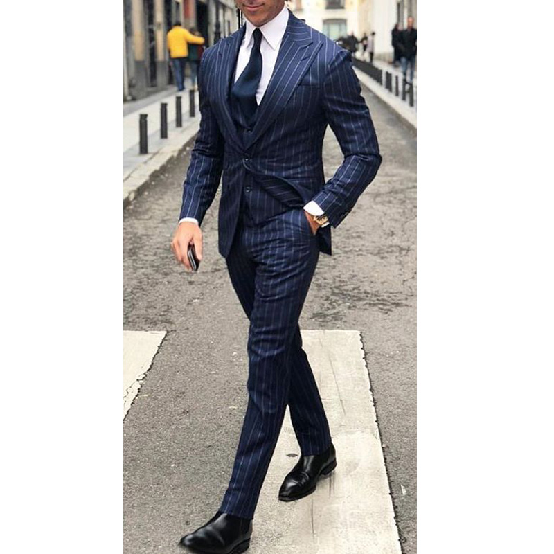

Blue Pinstripe Business Men Suits for Wedding Groom Tuxedos Peaked Lapel Three Piece Jacket Pants Vest Tailor Made Blazer, Same as image