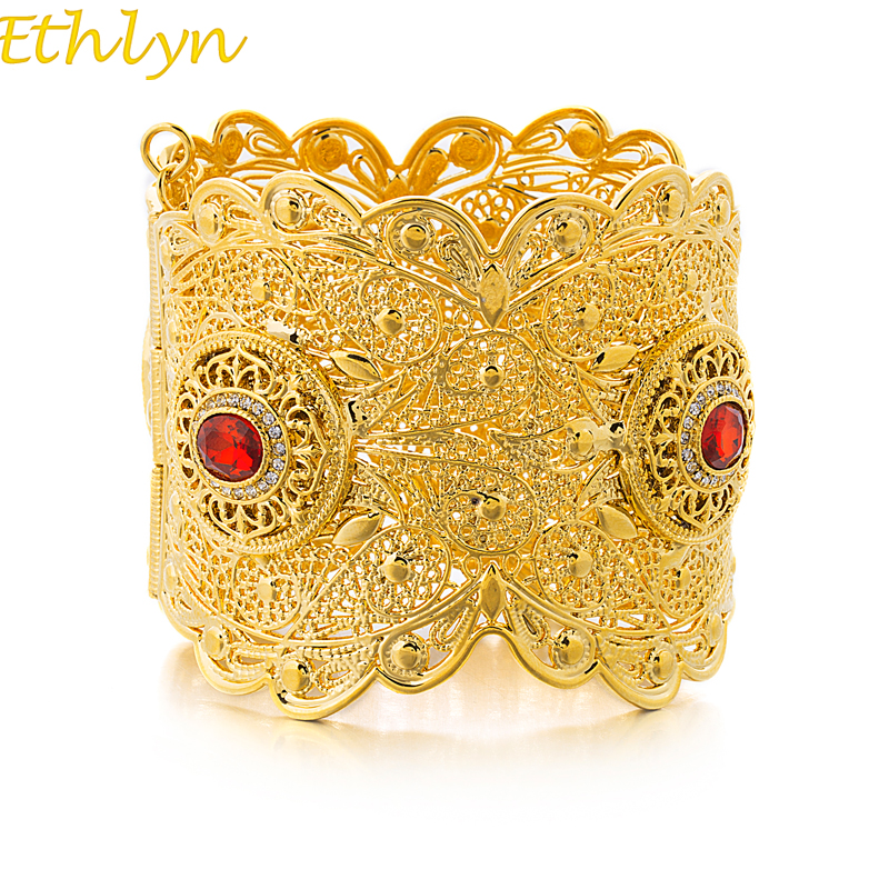 

Ethlyn Ethiopian Big Bangle Women Gold Color Dubai Style Jewelry African Wedding Bracelets Zircon Tension Setting B67, Black