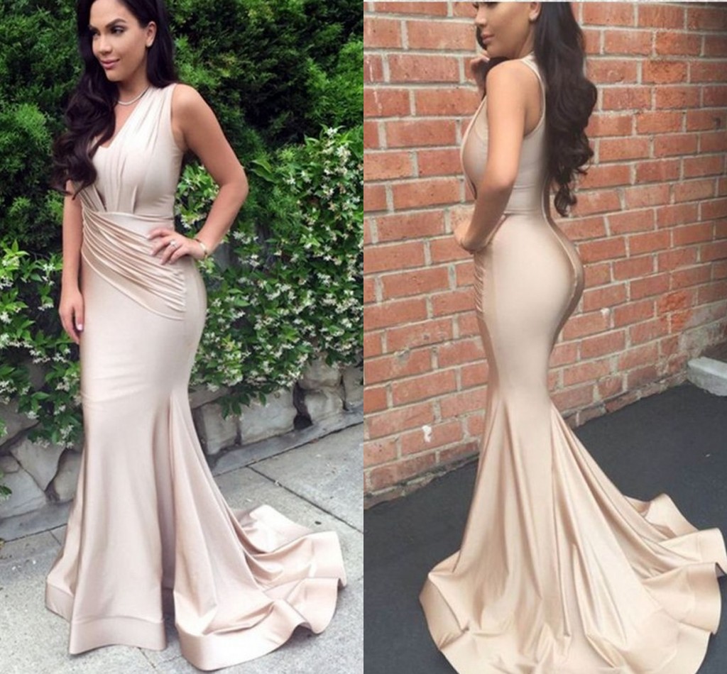 

Simple Champagne Satin Mermaid Evening Dresses V Neck Sleeveless Pleated African Aso Ebi Mermaid Prom Dresses Long Party Dress, Dark green