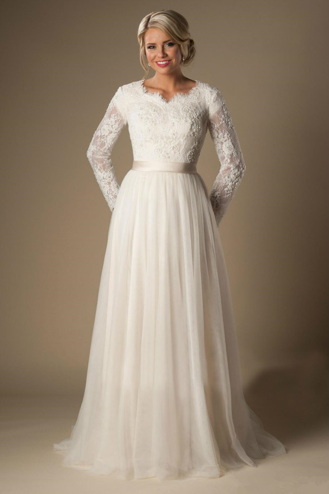 Modest Long Sleeve Lace Wedding Dresses Vintage Style Sweep Train Beaded Sash Elegant A-Line Boho Tulle Bridal Gowns 2019 New Custom W901