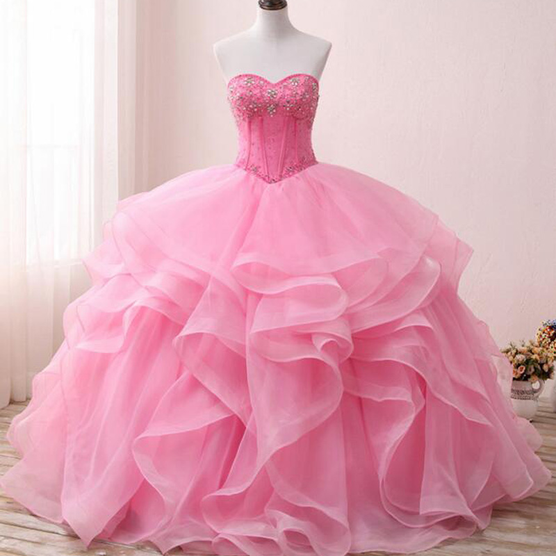 

New Arrival Pink Ball Gown Wedding Dresses Sweetheart Crystals Boning Design Ruffles Skirt Lace-up Back Bridal Gowns Corset, White
